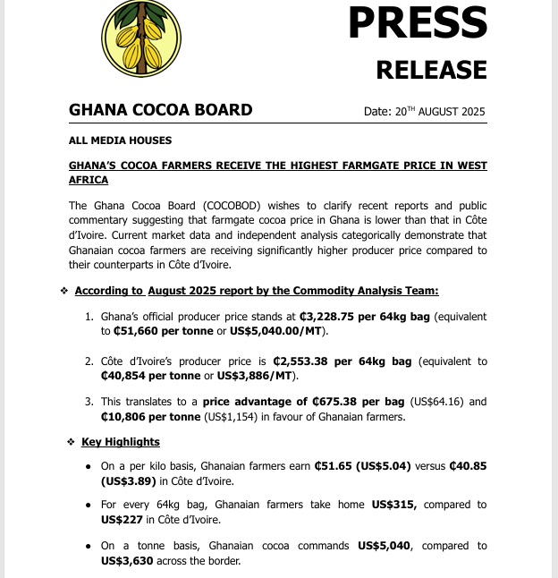Ghana cocoa farmgate price