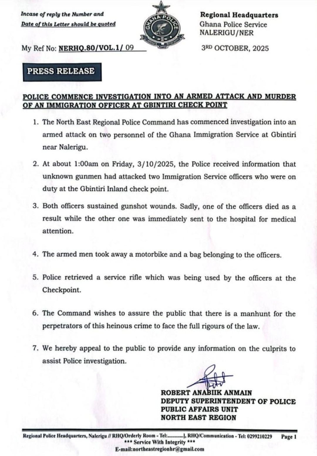 Armed Attack At Gbintiri Checkpoint